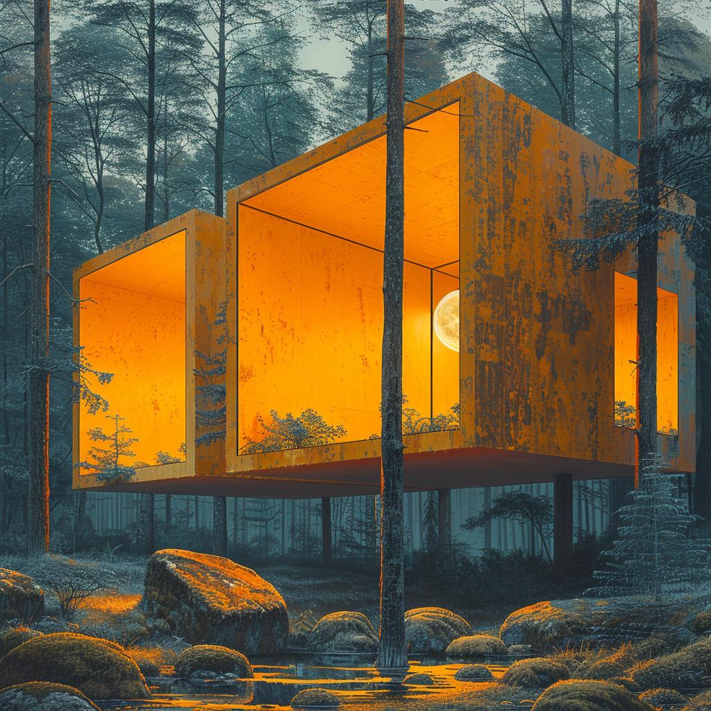 painting  cabin  forest  glow  surreal  lighting  nature  art  volumetric  atmosphere 1029321