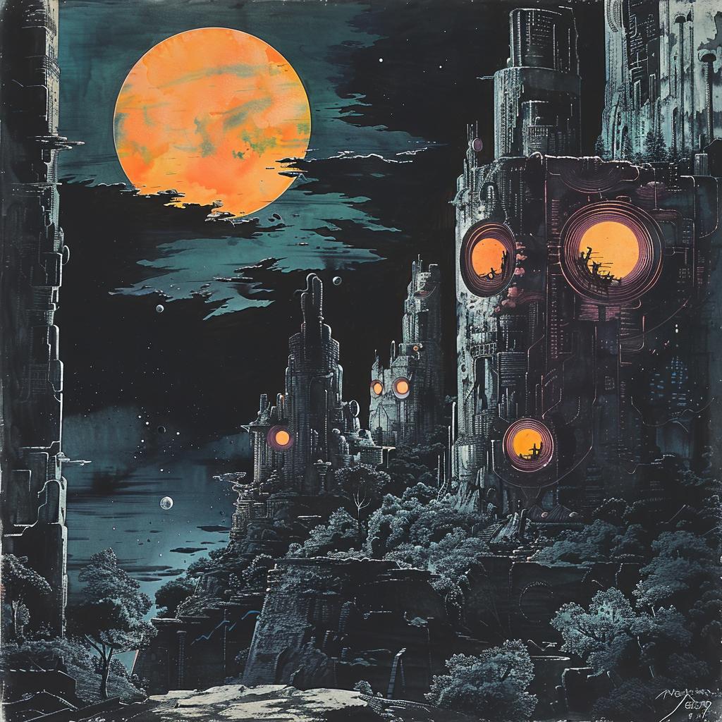 sci-fi  2D  gouache  illustration  city  moon  dark  epic  composition  black 922304