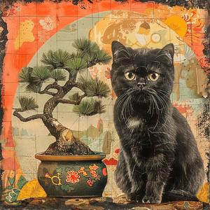 retro  kitsch  vintage  collage  black  cat  cartoony  bonsai  tree  style 1080067