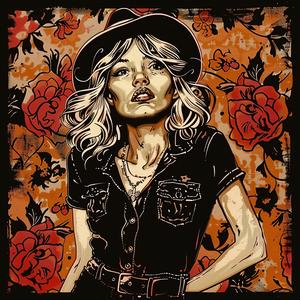 woman  hat  black  shirt  floral  background  portrait  illustration  style  design 1063936
