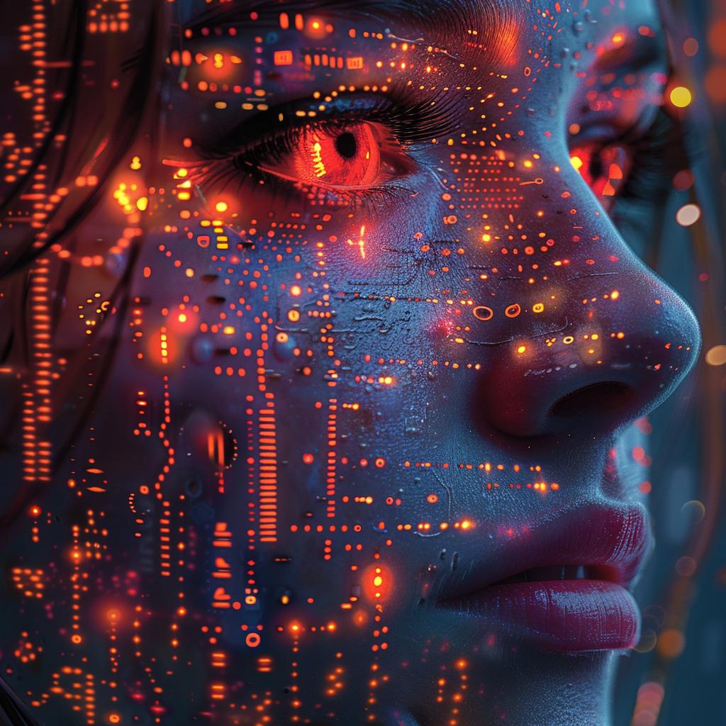 لوحة دوائر كهربائية، امرأة ذات عيون متوهجة، رسم توضيحي مستقبلي، 1028813