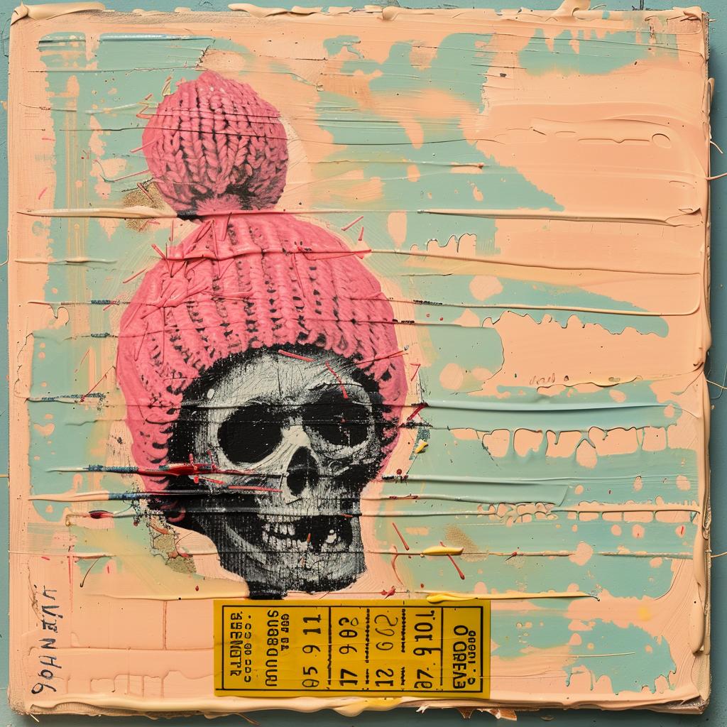 encaustic  impasto  skull  pink  hat  palette-knife  portrait  whimsical  dark  humor 1015732