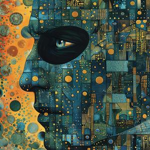 vintage  comic  illustration  surreal  pointillism  gold  indigo  teal  mask  city 1076521