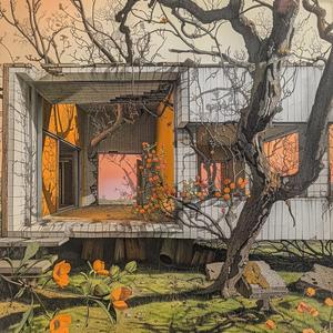 abandoned  decrepit  house  black-and-white  flowers  orange  trees  Frank Lloyd Wright  colorful  nature 1036583