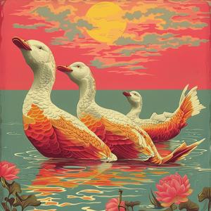 three  ducks  water  flowers  chromolithography  nature  floating  artwork  scenery  color 1057615