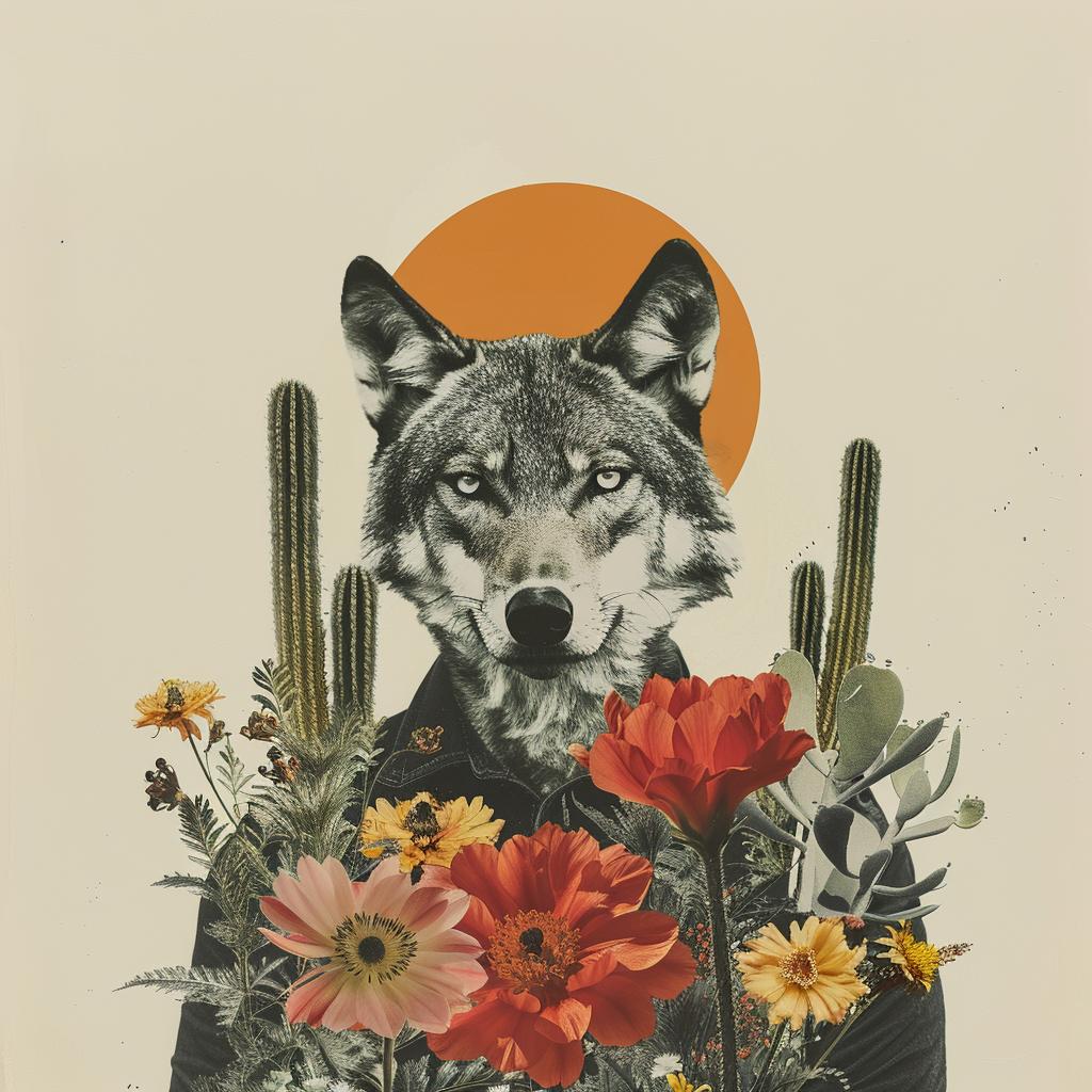 collage  wolf  flowers  cactus  minimal  desert  nature  blooming  art  wildlife 950338