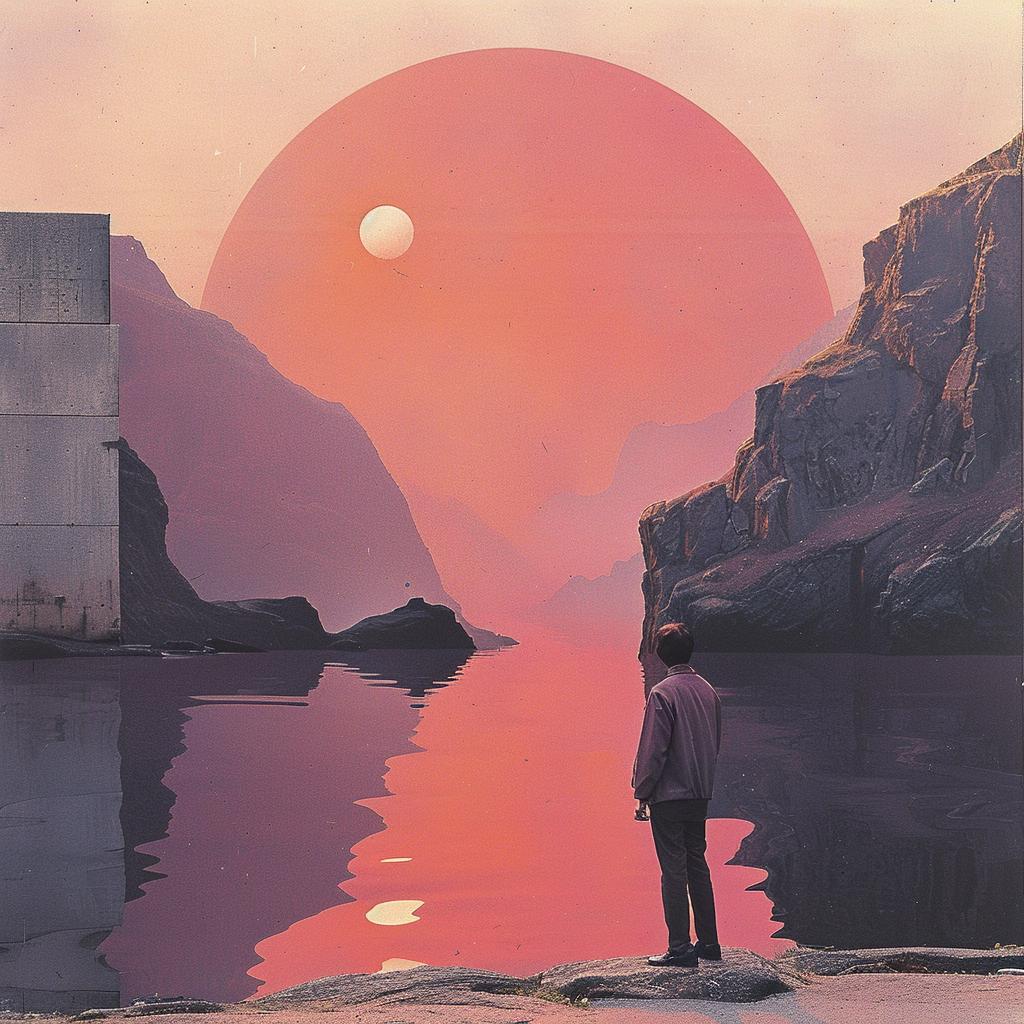 album  cover  1980s  synthwave  trippy  geometric  man  river  red  sun 960801