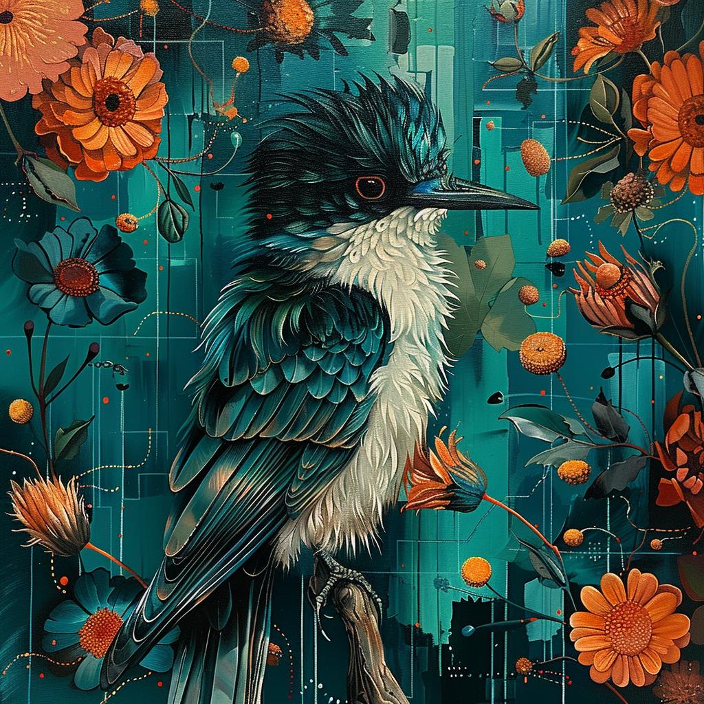 bird  flowers  teal  orange  painting  nature  vibrant  floral  colorful  art 963634
