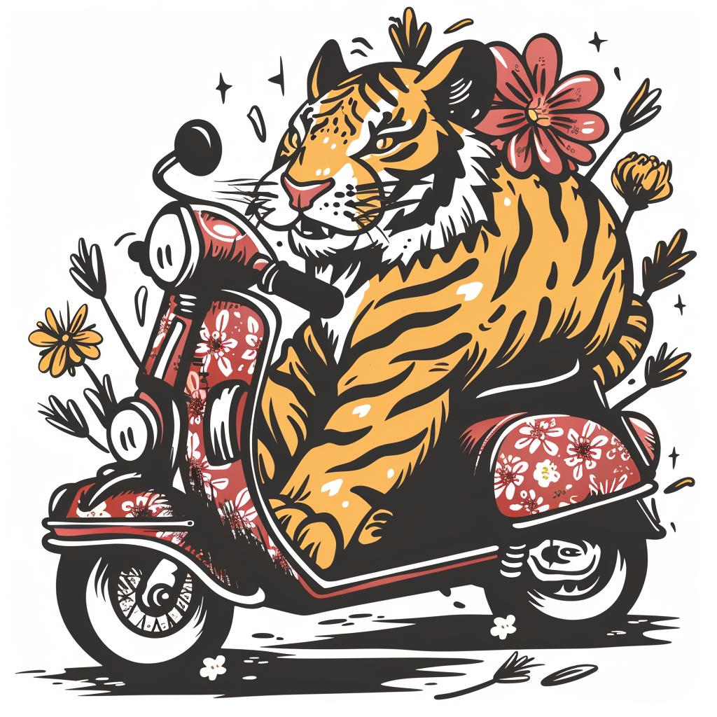 tiger  scooter  flowers  animal  transport  vibrant  playful  whimsical  colorful  illustration 943470