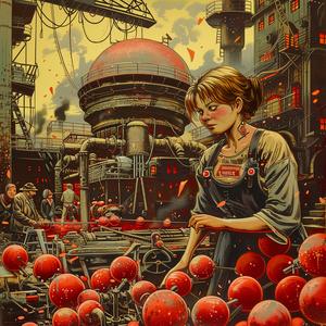 لوحة امرأة مصنع كرات حمراء كروموجرافية ملونة مشهد صناعي عمل فني 1058990