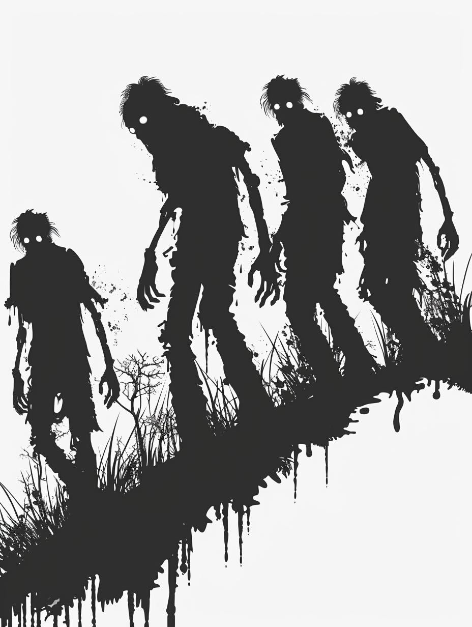 zombies  silhouette  black  white  icon  vintage  vector  linocut  grass  walking 951791