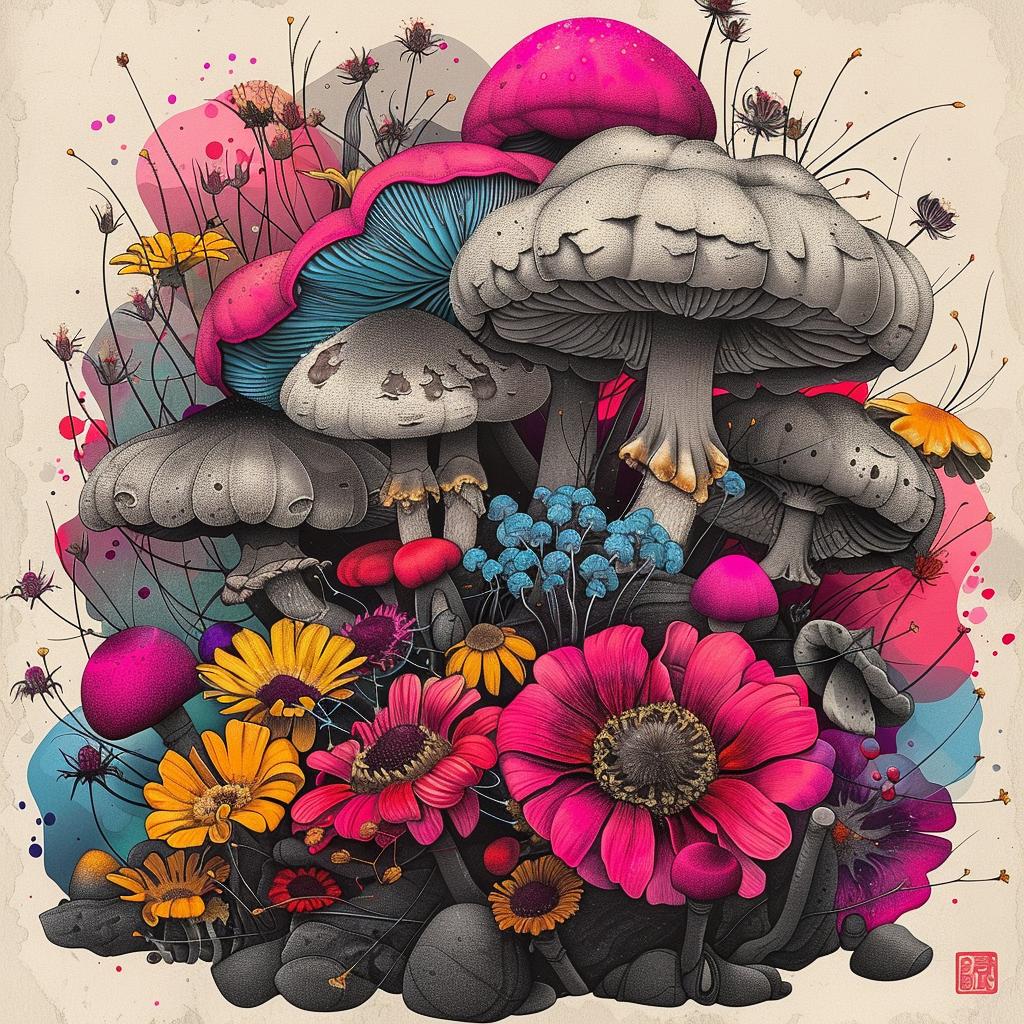 digital  art  mushrooms  flowers  colorful  illustration  creative  intertwined  psychedelic  unique 1036358
