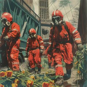chromolithography  firefighters  hazmat  suits  red  gas  masks  painting  scene  art 1052733