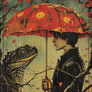 man  alligator  umbrella  painting  chromolithography  colorful  playful  surreal  interaction  whimsical 1057589