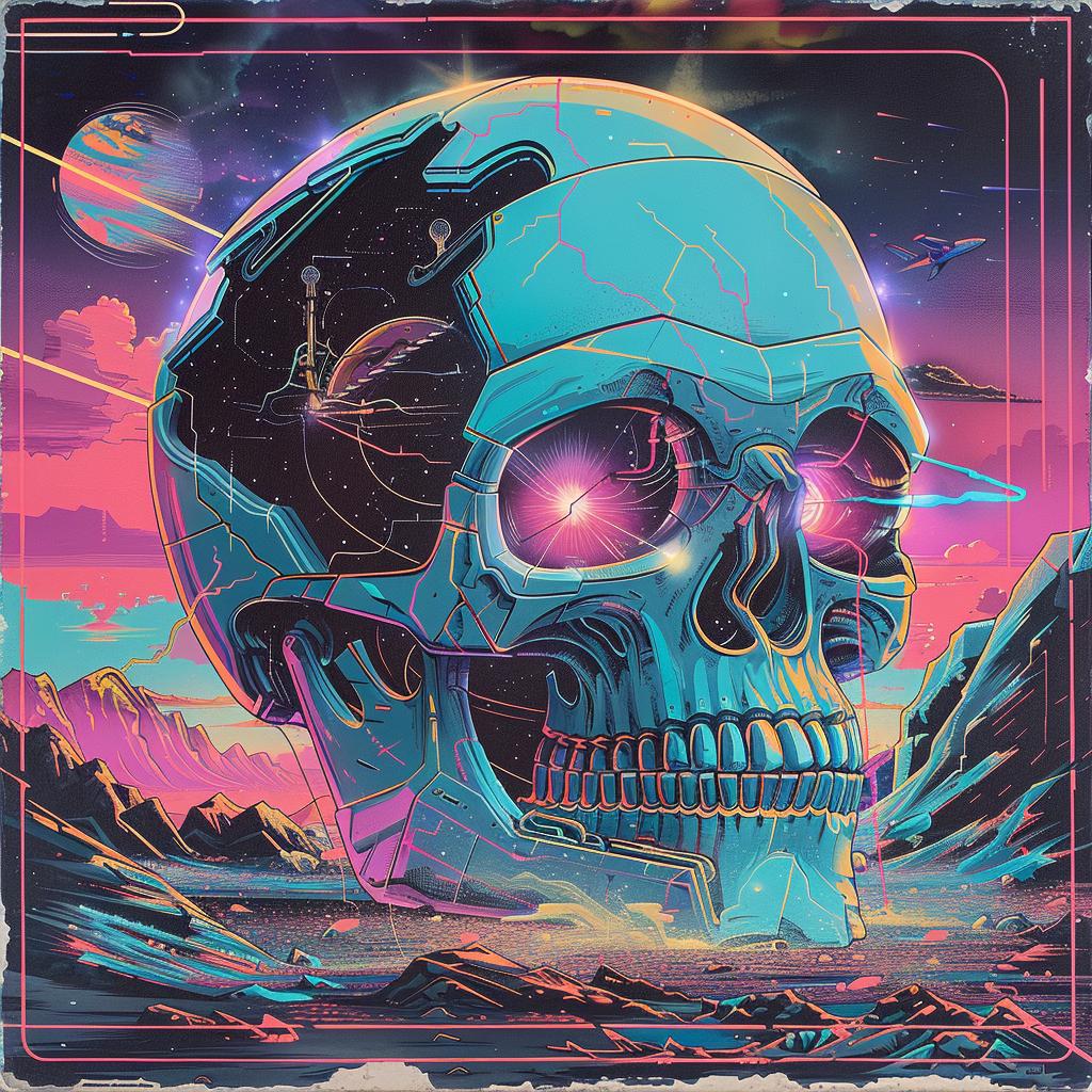 album  cover  80s  Nychos  skull  space  station  trippy  art  painting 960767