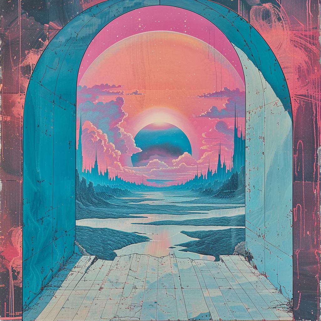 painting  sunset  tunnel  background  1980s  geometric  electro  synthwave  trippy  colors 960759