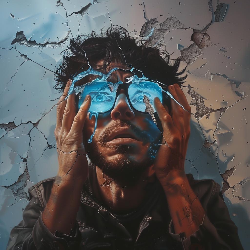 غلاف ألبوم سريالي، طباعة شاشة فائقة الواقعية، رجل، نظارات، جدار مكسور، أوديث 960309