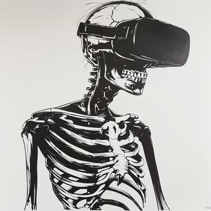skeleton  VR  headset  monoprint  black  white  linocut  character  mask  vector 1070807
