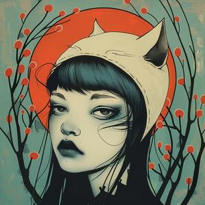 surreal  album  cover  woman  cat  head  Mitsumasa  Anno  symbolist  art 1075214