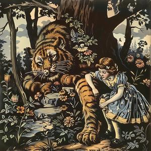 chromolithography  tiger  girl  artwork  illustration  colorful  nature  animal  scene  canvas 1048819