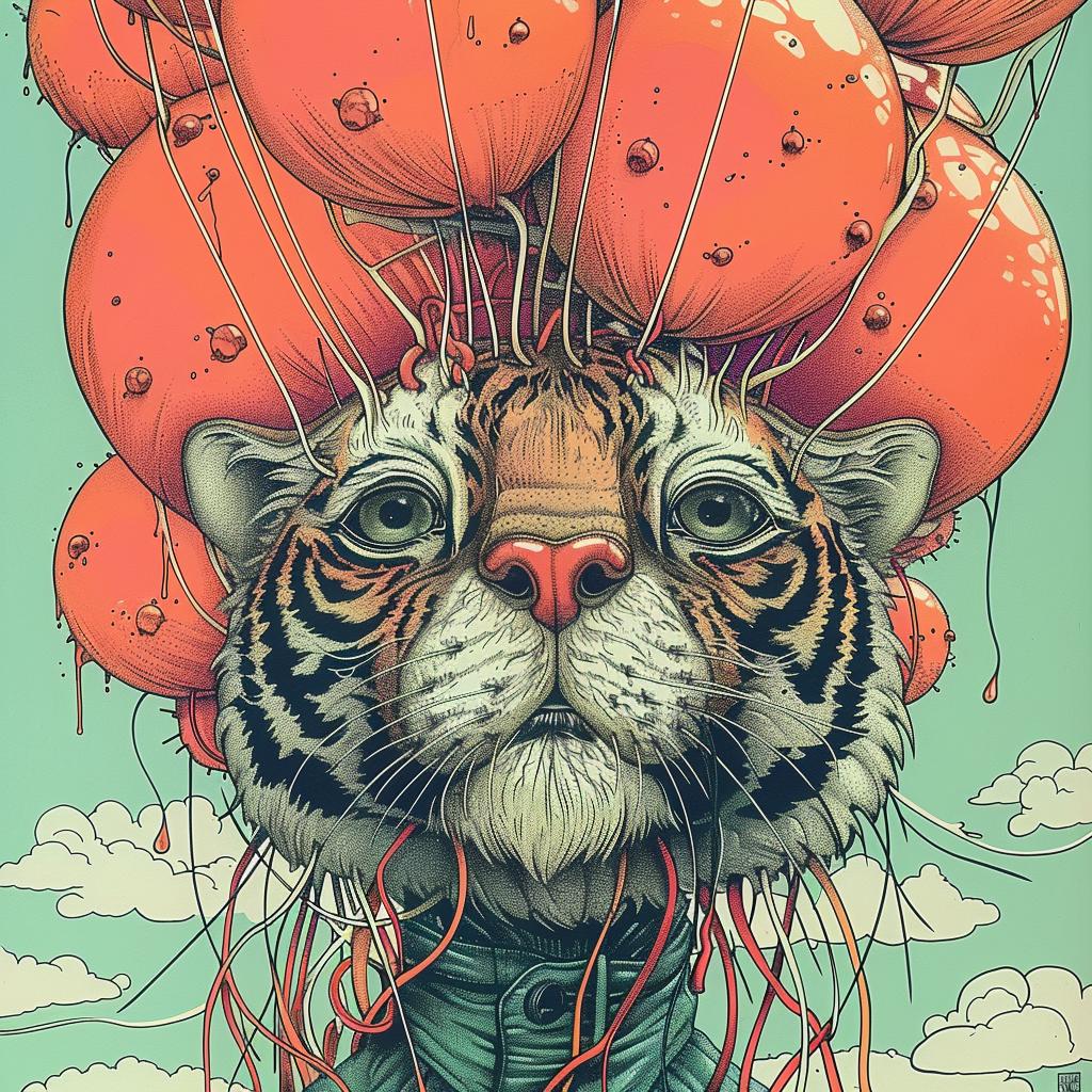 tiger  balloons  kawaii  cute  adorable  floating  strings  whimsical  playful  expression 923597