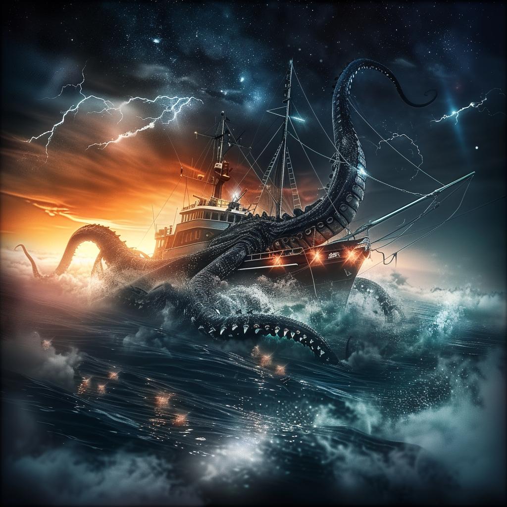 Kraken  octopus  attack  fishing  boat  ocean  illustration  dynamic  illustrative  action 1034396