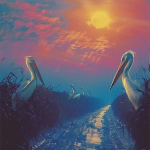 pelicans  road  sunset  painting  chromolithography  birds  scenic  tranquil  nature  curious 1040815