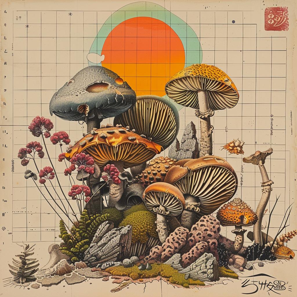 mushrooms  plants  flowers  cluster  intertwined  Japanese  lettering  poster  nature  art 1036345