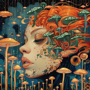 Kirby  comic  ArtNouveau  surrealism  pointillism  woman  mushrooms  orange  indigo  teal 1076443