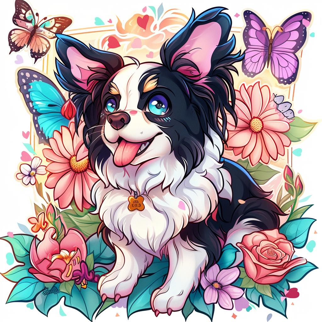 border  collie  tattoo  illustration  cartoon  butterflies  flowers  flash  playful  design 927542