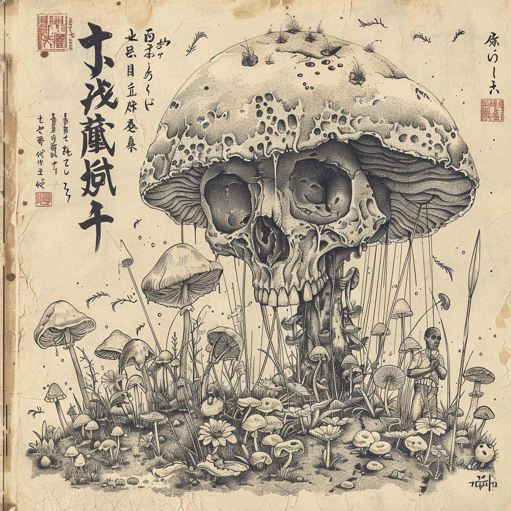 mushroom  skull  drawing  Japanese  nature  art  surreal  whimsical  spores  plant 1036319