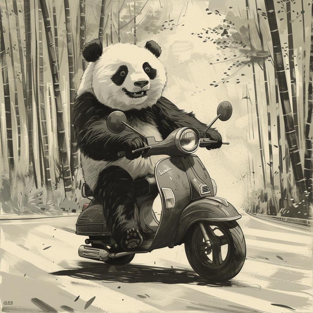 panda  moped  motorcycle  Aby  Joost  Swarte  woods  animal  whimsical  painting 1019626