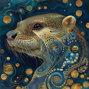 صورة شخصية لثعلب الماء، دوامات زرقاء ذهبية، كيربي، رسم سريالي من فن الآرت نوفو، خمسينيات القرن العشرين، رقم 1076934