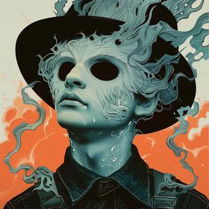 surreal  album  cover  man  hat  mask  Risograph  symbolism  hyper-realistic  screenprinting 1077572