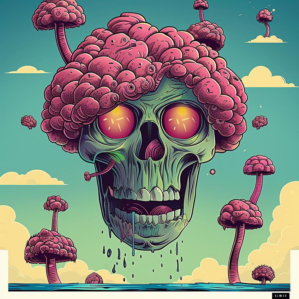 skull  pink  hair  mushrooms  creature  fantasy  whimsical  art  colorful  surreal 947357