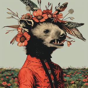 surreal  bear  flower  crown  field  album  cover  symbolist  risograph  hyper-realistic 1077658