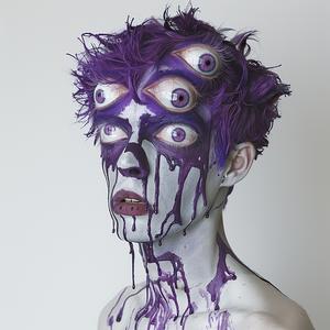Pop Art  wolfman  purple makeup  eyes  Troy Brooks  portrait  whimsical  colorful  dripping  white background 1073862