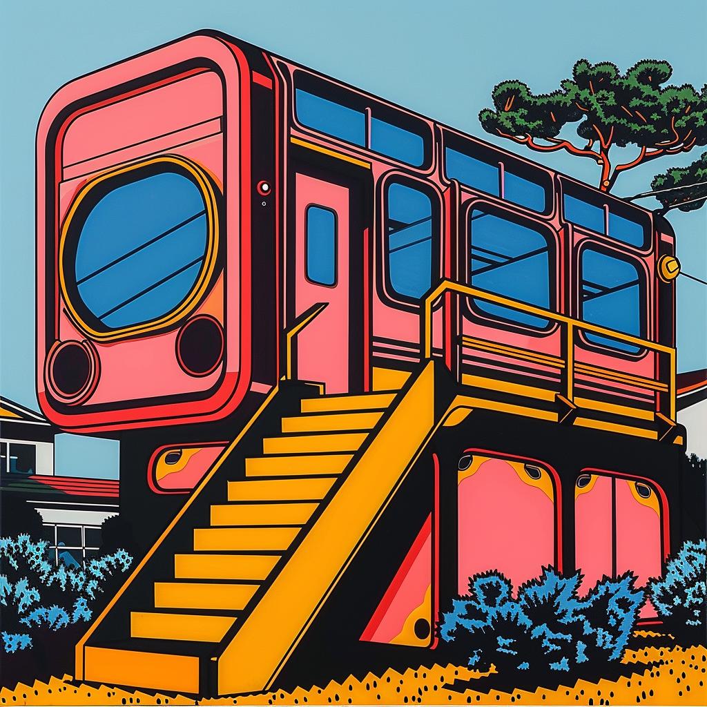 axonometric  album  cover  train  stairs  simon  stalenhag  pink  painting  perspective 969492