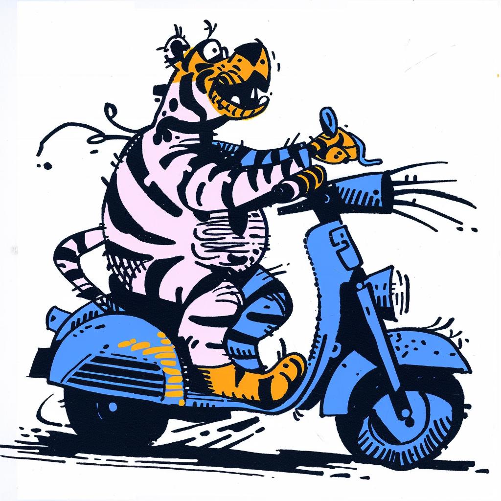tiger  moped  scooter  cartoon  playful  fun  animal  whimsical  vibrant  silly 1028261