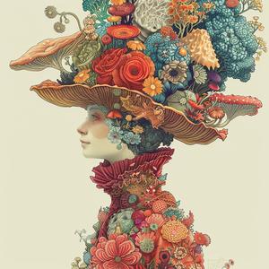 illustration  woman  flowers  colorful  mushroomcore  detailed  art  style  vibrant  whimsical 1072918