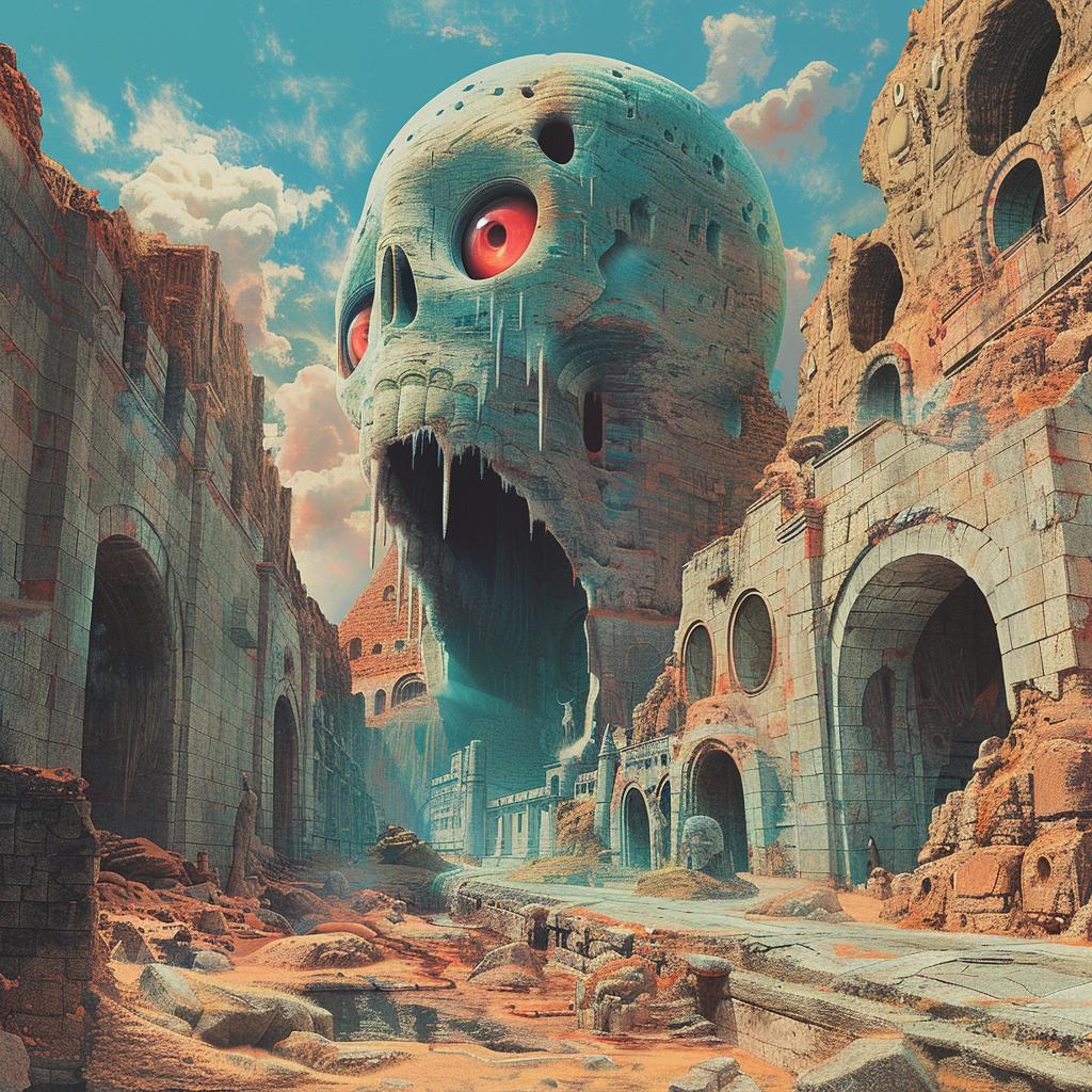غلاف ألبوم سريالي، رسم رعب روحي طبيعي، جمجمة صحراوية، رقم 974193