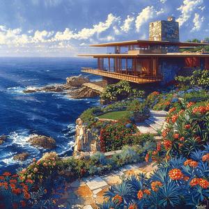 painting  ocean  flowers  blue  sky  home  landscape  art  colorful  view 1036472