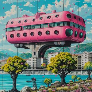 minimal  chromolithography  Escher  surreal  sky  house  pink  floating  landscape  whimsical 1037753