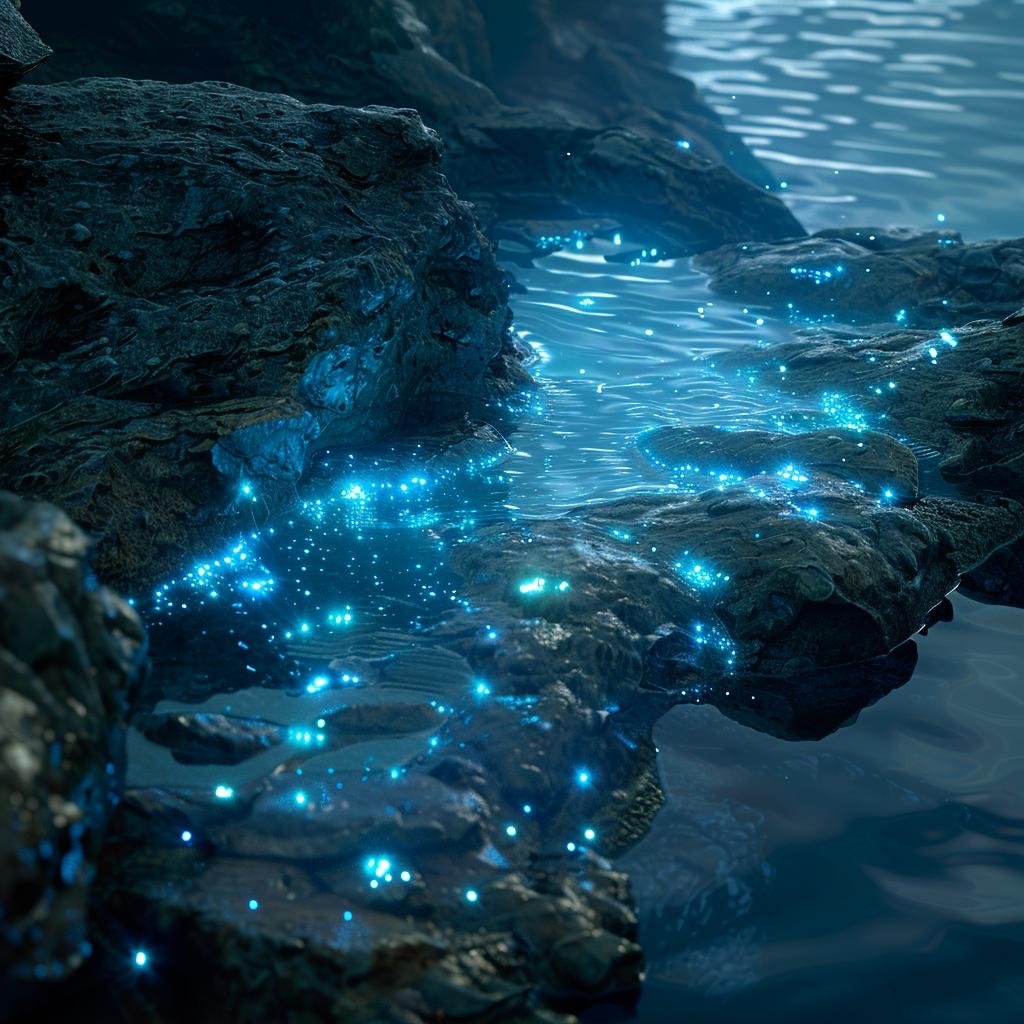 bioluminescent  water  glowing  rock  pool  blue  lights  spring  ethereal  minimalism 973915