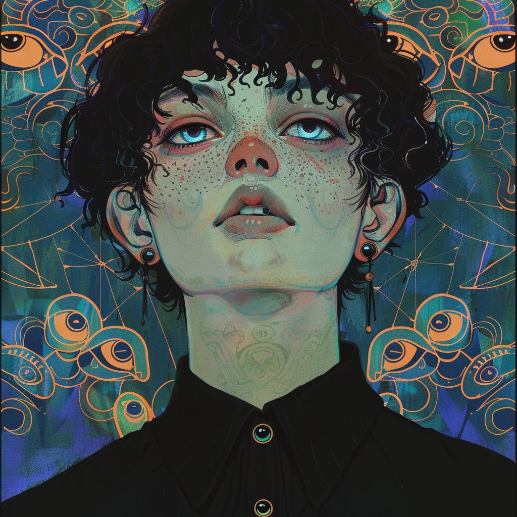 portrait  androgynous  eyes  black  shirt  art  unique  expression  colorful  painting 971806