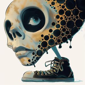 skull  shoe  head  comic  illustration  surrealism  artnouveau  pointillism  gold  indigo 1076169