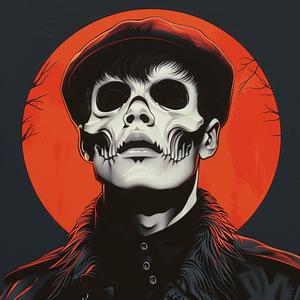 surreal  album  cover  male  model  Risograph  symbolist  hyper-realistic  screenprinting  skull 1077561