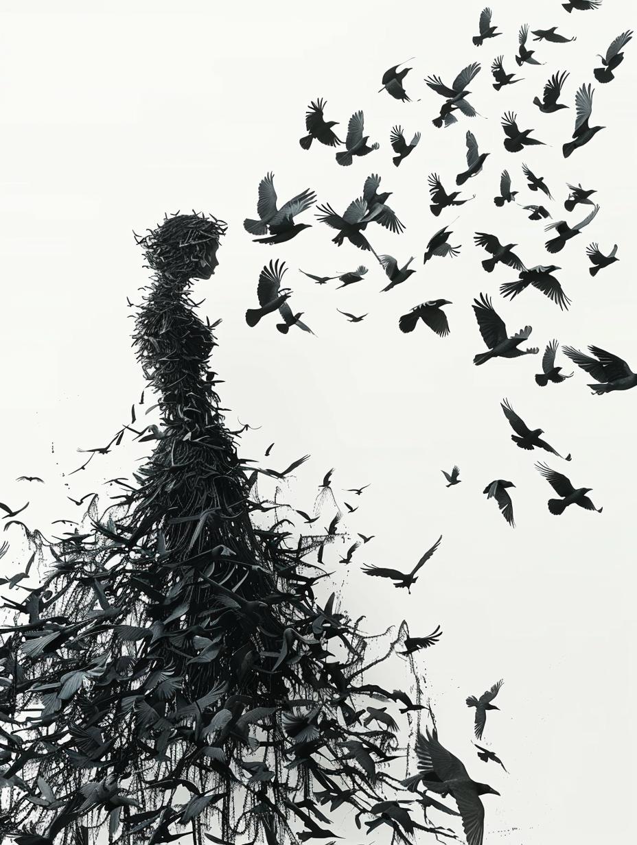 ravens  silhouette  woman  dress  swarm  flying  dark  birds  mysterious  elegance 953851