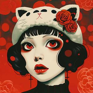 painting  woman  black  hair  cat  hat  surreal  album  cover  Risograph 1077682