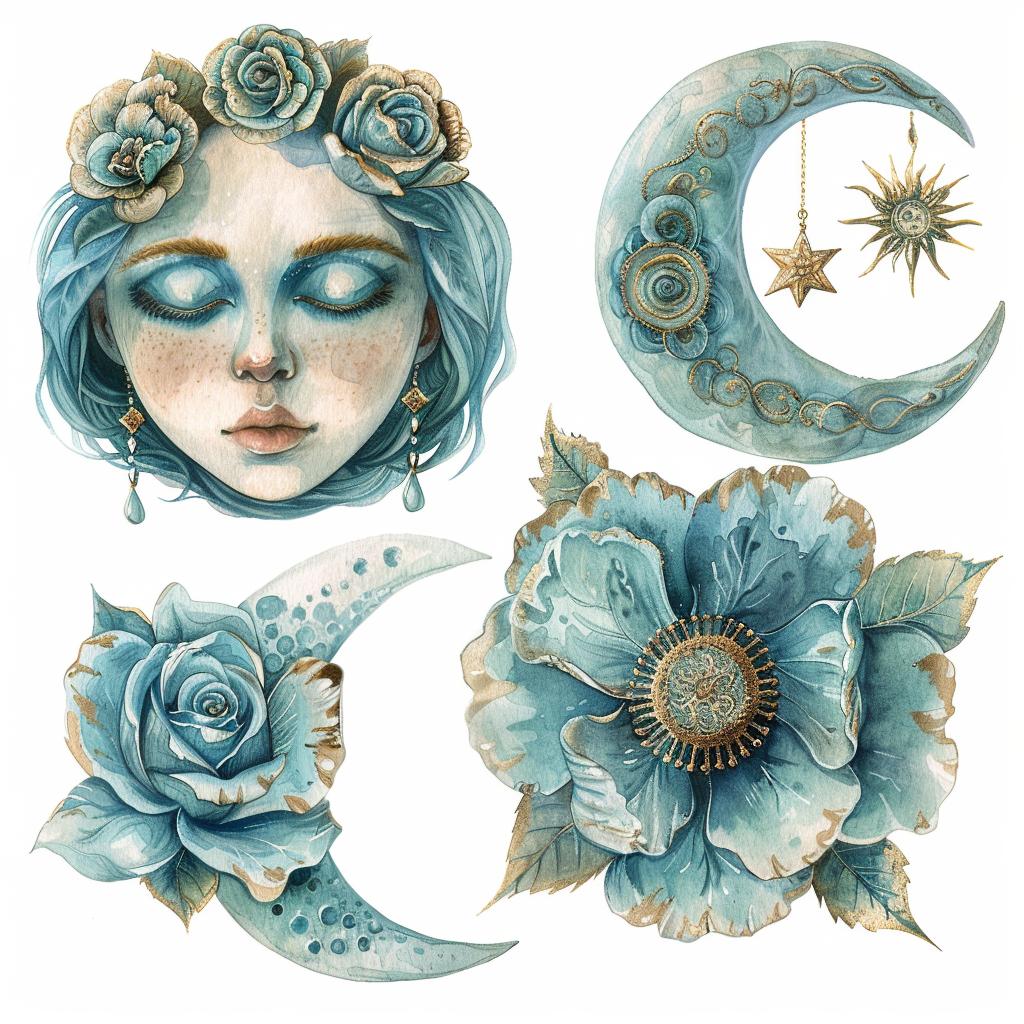 clipart  watercolor  woman  flowers  moon  tattoos  boho  graceful  delicate  feminine 960157